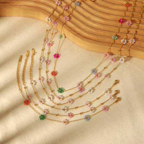 Flower Jewelry Stainless Steel 18K Gold Plated Colorful Bead Necklace Bracelet Anklet Sweet Elegant For Women