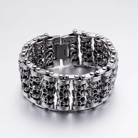 Bracciale Teschio Da Uomo Acciaio Inossidabile 316L Largo Multifila Punk Gotico Biker Rock Gioielli Argento Vintage