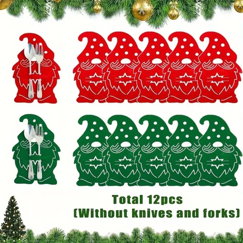 Porte-Couverts De Noël Gnomes Sacs À Argenterie En Feutre Décoration De Table Pour Dîner De Fête Rouge Vert