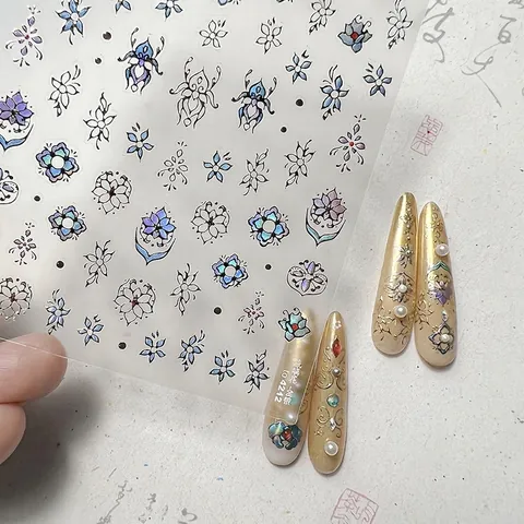 Pegatinas de Arte de Uñas Florales Retro Estampado en Oro Calcomanías de Uñas en Relieve Estilo Chino Vintage Decoración PET