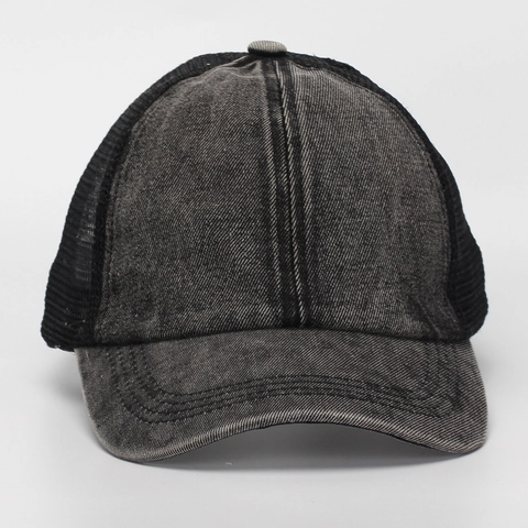 Damen Pferdeschwanz Baseballkappe Gewaschene Distressed Denim Mesh Trucker Hut Atmungsaktiv Verstellbar Sonnenschutz