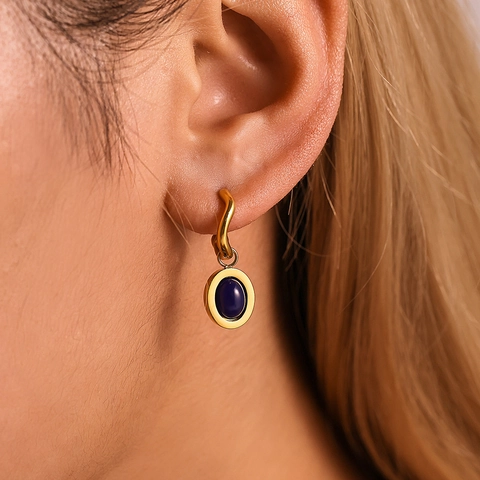 Orecchini Pendenti in Acciaio Inossidabile Ovali in Agata Nera e Pietra Blu Placcati Oro 18K Gioielli Eleganti Donna