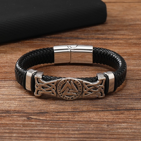 Pulsera De Cuero Trenzado Para Hombre Con Runas Vikingas Valknut Aleación Cierre Magnético Joyería Punk Vintage