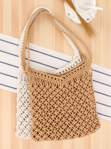 Handgefertigte Gewebte Baumwollseil Umhängetasche Macrame Hohlnetz Quaste Böhmische Strand Urlaub Handtasche Für Damen