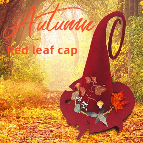 Handmade Halloween Witch Hat Polyester Felt Pointed Wizard Cap With Maple Leaves Mushroom Decorations Forest Party Cosplay