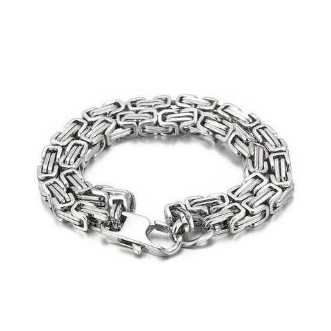 Pulsera De Cadena Bizantina Para Hombre Acero Inoxidable Eslabones Cuadrados Industriales Pesados Joyería Color Plata Cierre Langosta