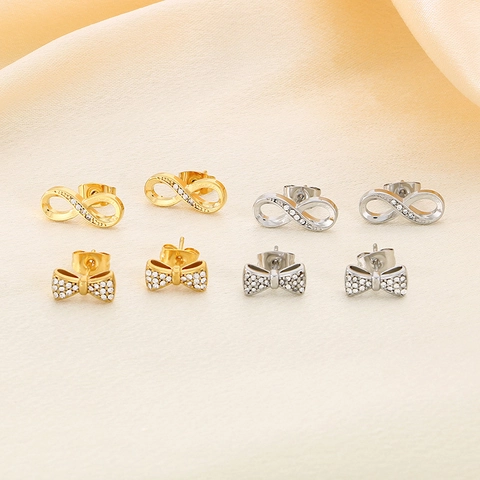 Stainless Steel Stud Earrings For Women Rhinestone Inlaid Heart Cross Infinity Ginkgo Leaf Bow Elegant Trendy Jewelry