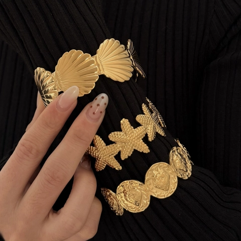 Seestern Muschel Erdbeere Edelstahl Offene Manschette Armreif Ring Für Frauen Nicht Verblassend Gold Silber Vergoldet
