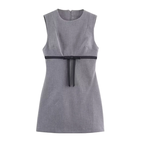 Sleeveless Gray Mini Dress With Black Bow Decor Polyester Slim Fit Elegant Party Wear For Women Round Neck Back Zipper