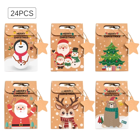 Weihnachts Geschenkschachteln Aus Kraftpapier Mit Hanfseil Und Sternanhängern Cartoon Weihnachtsmann Schneemann Muster Partyverpackung