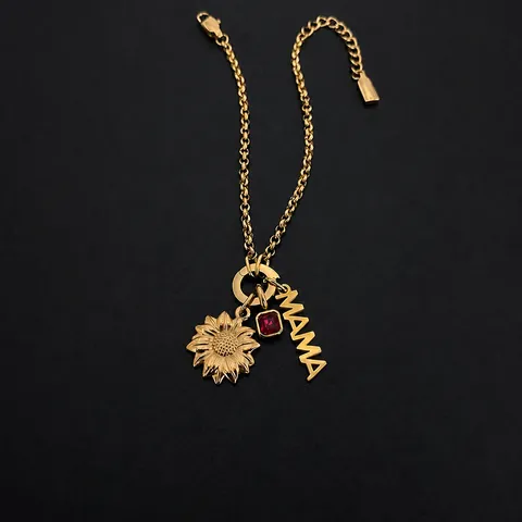 Bracelet à Charme Pendentif MAMA Tournesol en Acier Inoxydable pour Femmes Or Strass Cadeau Fête des Mères Bijoux