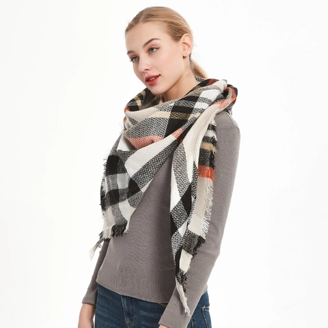 Women Plaid Triangle Scarf Cashmere Like Acrylic Tassel Shawl Winter Warm Checkered Wrap Fashion Commuter Women Accessory