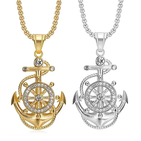 Hip Hop Titanium Steel Anchor Pendant Necklace Gold Silver Plated Nautical Rhinestone Ship Wheel Pendant Jewelry For Men