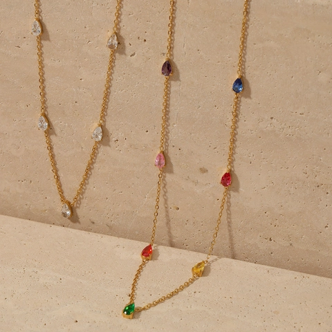 Stainless Steel Teardrop Zircon Necklace For Women Elegant Pear Shaped Multicolor Gemstone Station Jewelry Gift