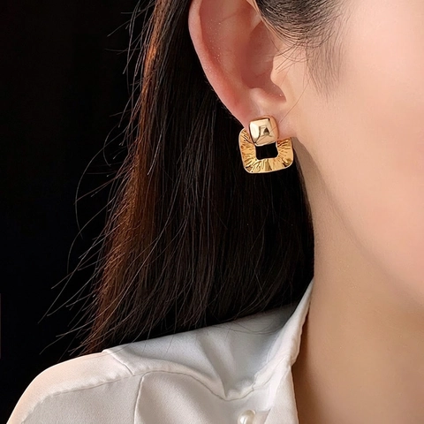 Hollow Square Stud Earrings With 925 Sterling Silver Earring Post Real Gold Plated Geometric Wrinkled Vintage For Women