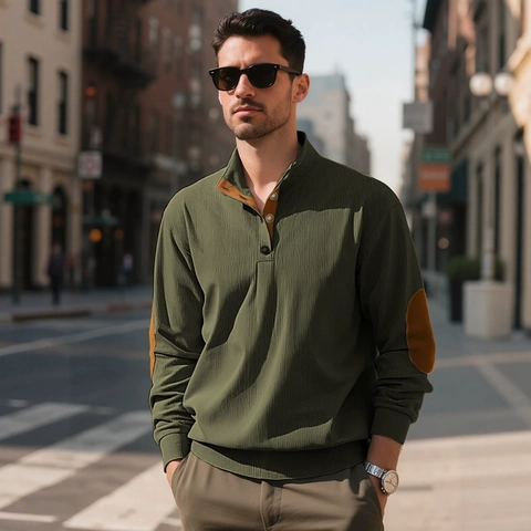 Men Corduroy Sweatshirt Stand Collar Long Sleeve Pullover With Contrast Elbow Patches Casual Urban Fashion Knit Top