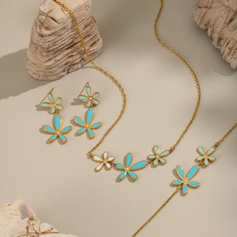 Daisy Flower Necklace Bracelet Earrings Stainless Steel 18K Gold Plated Enamel Zircon Inlaid Floral Jewelry For Women