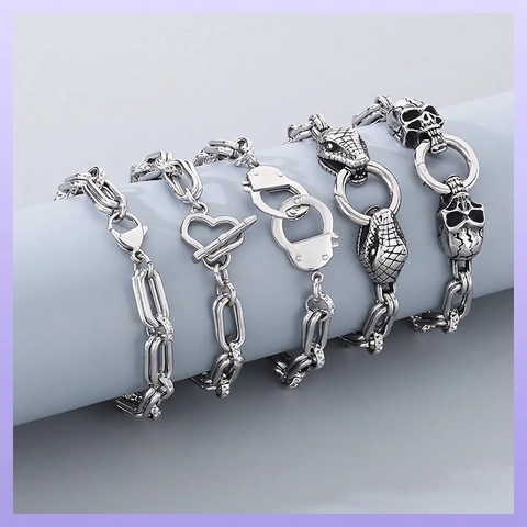 Punk Stainless Steel Snake Head Skull Bracelet For Men Vintage Gothic Hip Hop Handcuff Chain Jewelry Gift