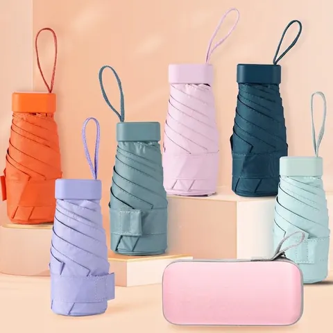 Mini Regenschirm Faltbar Tragbar UV Schutz UPF50+ Schwarz Klebebeschichtung Flaches Design Sonne Regen Reise Sonnenschirm