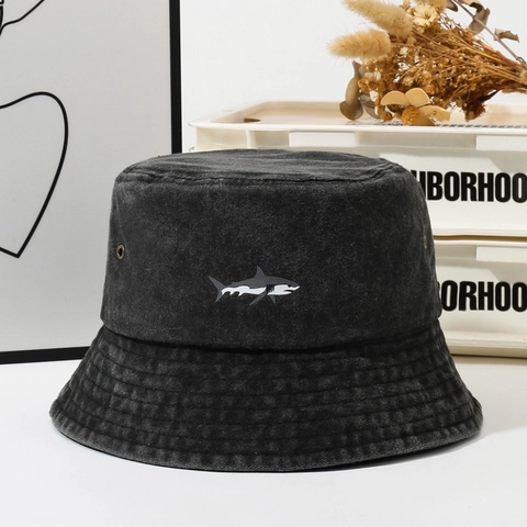 Haai Geborduurde Gewassen Katoen Vissershoed Voor Heren Dames Zonbescherming Outdoor Vissen Retro Casual Denim Stijl Hoed