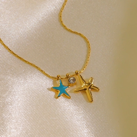 Zeester Hanger Ketting Roestvrij Staal Blauw Emaille Zirkonia Oceaan Stijl Vergulde Sieraden Voor Dames