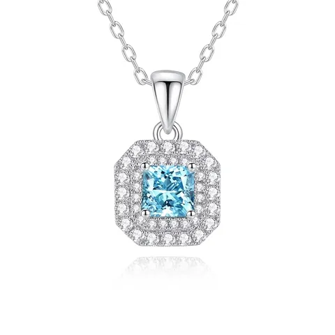 925 Sterling Silver Necklace With Square Sea Blue Zircon Pendant Double Halo Fashion Clavicle Chain For Women Elegant