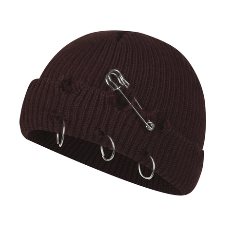 Punk Style Acrylic Knitted Beanie Hat With Safety Pin And Metal Rings Distressed Winter Warm Streetwear Goth Cap For Men Women