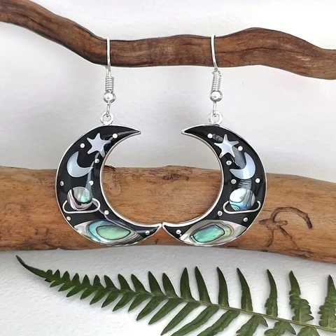 Crescent Moon Star Planet Universe Drop Earrings Alloy Enamel Abalone Shell Effect Vintage Bohemian Jewelry For Women