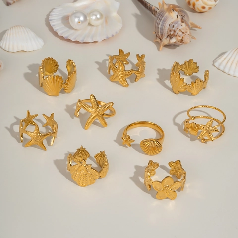 Stainless Steel Ocean Theme Ring Starfish Shell Flower Adjustable 18K Gold Plated Waterproof Fashion Jewelry For Women