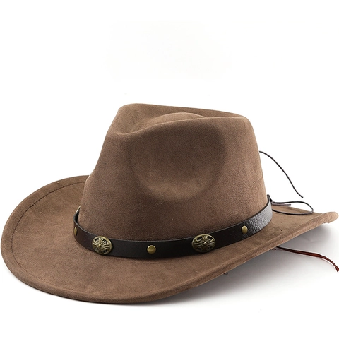 Sombrero De Vaquero Western Vintage Gamuza Fieltro Ala Ancha Fedora Banda De Cuero Concho Metálico Para Viajes Al Aire Libre Festival