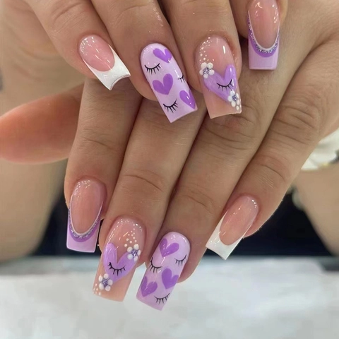 Medium Square Shape Purple Heart French Tip Press On Nails Sweet Style Versatile Artificial Nails For Women