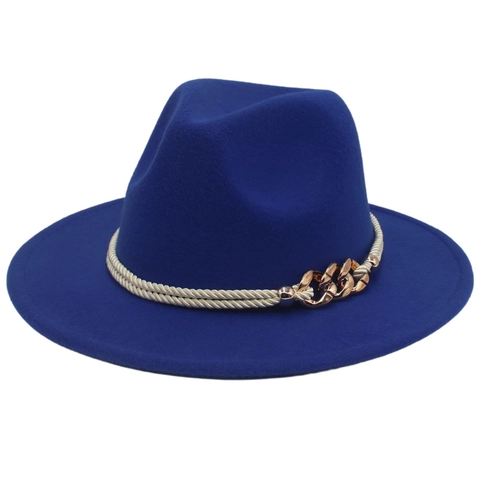 Vintage Wide Brim Fedora Hat Wool Felt Jazz Cap With Gold Chain And Cotton Rope Decor For Women Men Elegant