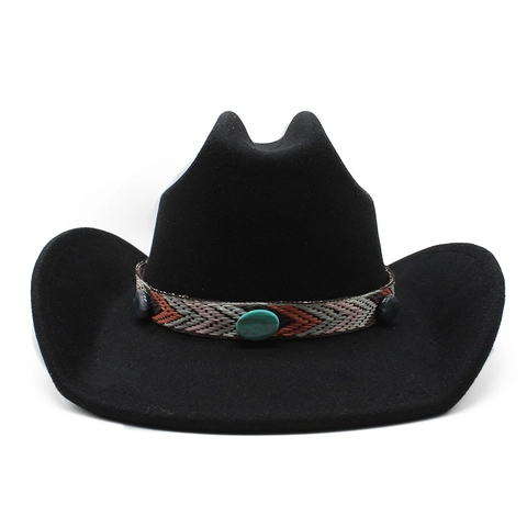 Western Cowboy Hut Wollfilz Ethnisch Gewebtes Band Türkis Perlen Dekor Retro Breiter Krempe Jazz Fedora