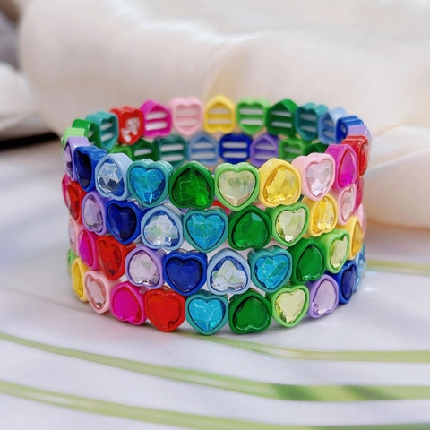Bracelet Élastique Macaron Multicolore Cœur Strass Cuivre Électroplaqué Fantaisie Cristal Doux Bijoux Cadeau pour Femmes Filles