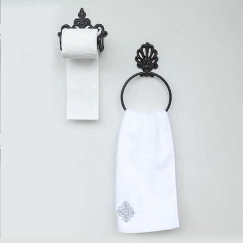 Vintage Cast Iron Bathroom Accessories Wall Mounted Towel Ring And Toilet Paper Holder European Antique Shell Floral Decor