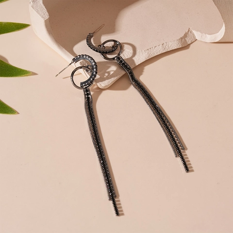 Boucles Oreilles Longues Franges Géométriques Avec Tige En Argent Cuivre Strass Noir Style Gothique Punk Bijoux