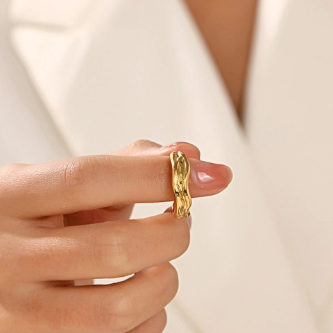 Anillo Abierto Con Textura De Lava Irregular Acero Inoxidable Chapado En Oro Ajustable Metal Líquido Joyería Retro Minimalista