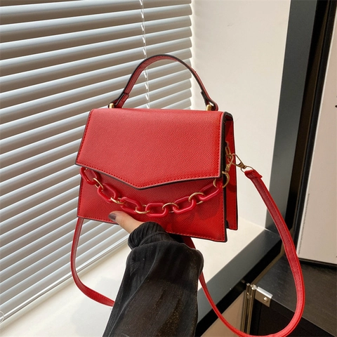 Women PU Leather Crossbody Bag Fashion Solid Color Handbag With Decorative Chain Small Square Shoulder Bag For Daily Use