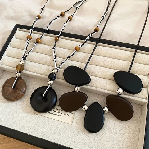 Collana Con Ciondolo Stile Maillard Vintage Perle In Legno Resina Cordino Regolabile Gioielli Retrò Etnici Da Donna