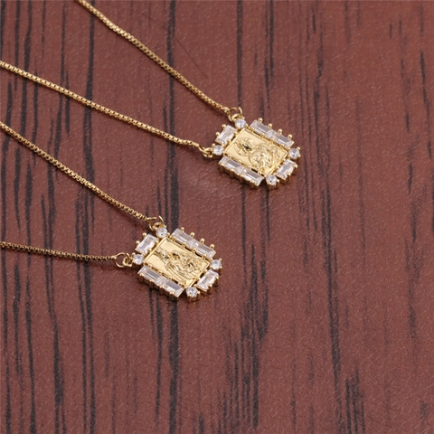 Religious Figure Square Pendant Necklace Copper With Zircon Micro Pave Clavicle Box Chain Fashion Jewelry For Women