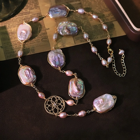 Collier Künstliche Perles Baroque Vintage Français Fait Main En Cuivre Plaqué Or Fil Enroulé Pendentif Coquillage Violet Bijoux