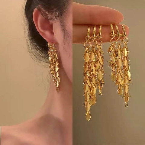 Elegant Wheat Ear Tassel Dangle Earrings Fashion Metallic Leaf Jewelry With 925 Sterling Silver Earring Post For Women