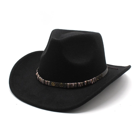 Retro Western Cowboy Hat Wool Felt Wide Brim Fedora With Steampunk Gear Decorative Band Ethnic Style For Men Women