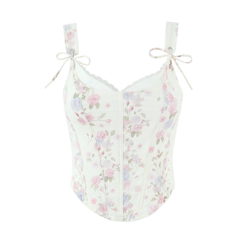 Top Corset À Fleurs Dentelle Mesh Nœud Épaule Style Français Vintage Coupe Slim Bustier Pour Femmes