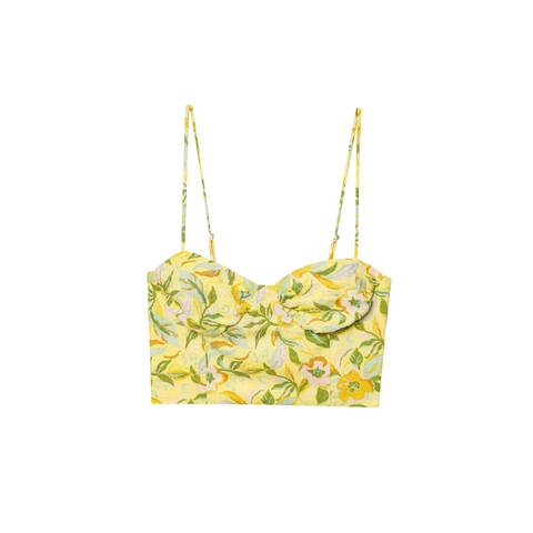 Completo Donna Estivo con Stampa Floreale in Misto Lino Crop Top con Spalline Sottili e Gonna Midi con Bottoni