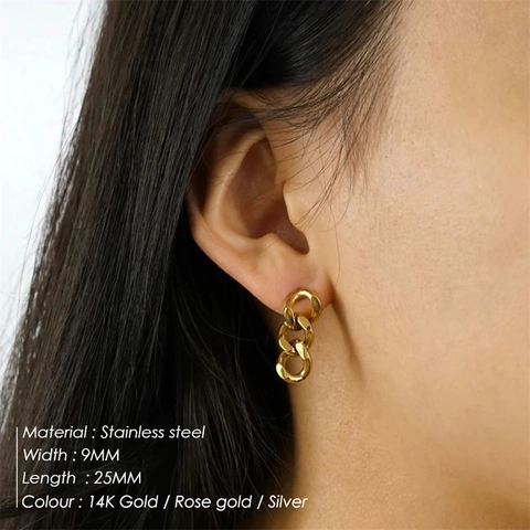 Pendientes de Botón de Cadena Cubana de Acero Inoxidable Personalizados Oro Plata Galvanizado Geométricos Hip Hop Mujer