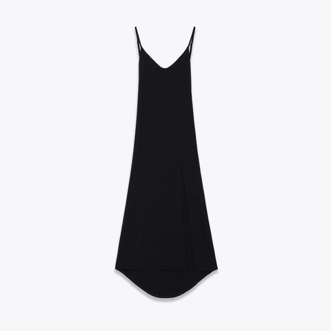 Dames Zwarte Spaghettibandjes Maxi Jurk Stretch Polyester Crêpe V-Hals Mouwloos Zijsplit Casual Party Avondmode