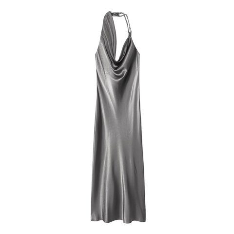 Elegantes Satin Maxikleid Mit Wasserfallausschnitt Halter Asymmetrische Perlenkette Silbergrau Abendparty
