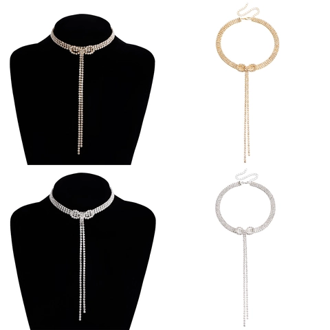 Luxurious Alloy Bowknot Rhinestone Tassel Choker Necklace For Women Elegant Gold Silver Pendant Chain Party Fashion Jewelry
