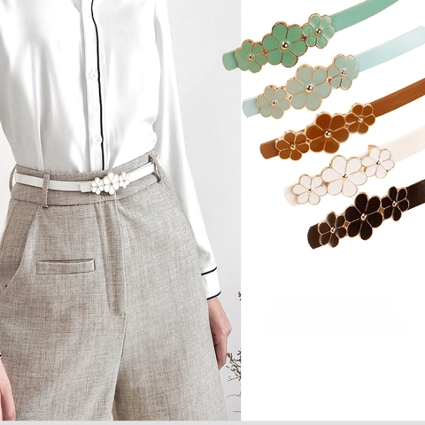 Women Skinny PU Leather Belt Daisy Flower Alloy Buckle Sweet Fashion Adjustable Waistband For Dress